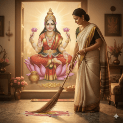 Why is a broom associated with Goddess Lakshmi
